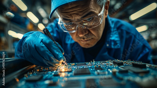 A technician meticulously solders connections on a battery circuit board in a laboratory filled with cutting-edge equipment  photo