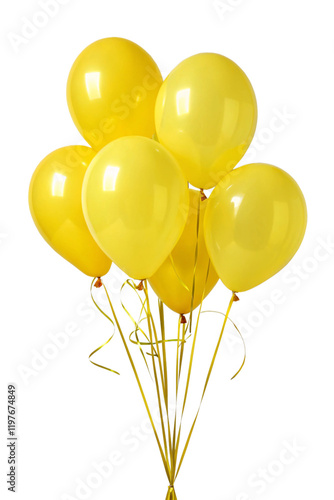Festive background with helium balloons. Realistic decorative design elements. Vector 3d object ballon with ribbon, yellow color.  Celebrate a birthday, Poster, banner happy anniversary. 
