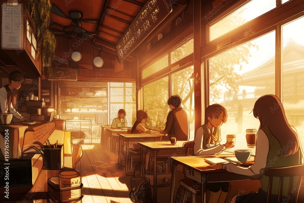 Cozy Cafe Scene with Sunlight . Anime style Cozy Cafe Scene with Sunlight . Anime style