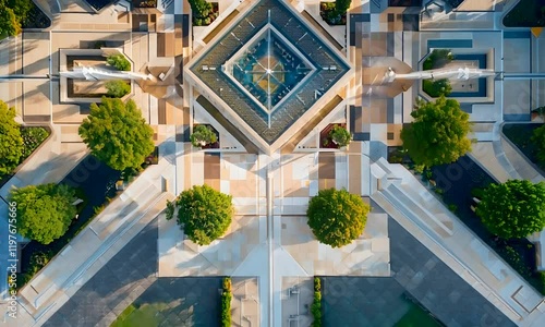 Elegant aerial view of a geometric plaza with fountains and palm trees in a sunny environment