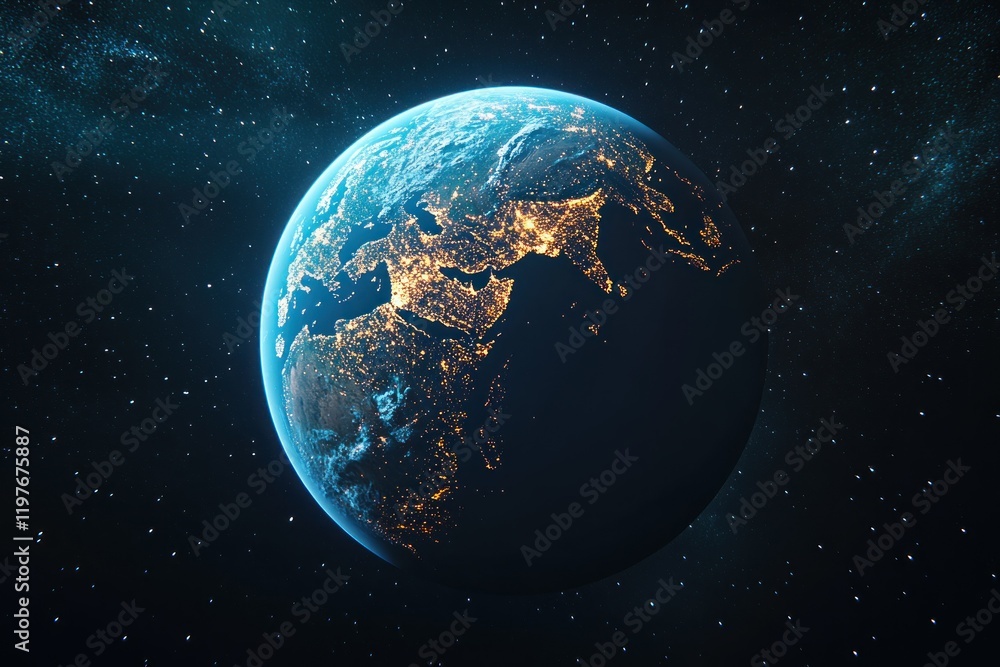 Fototapeta premium Earth at night from space, illuminated by city lights with a stunning view of continents and oceans against a starry backdrop