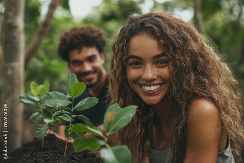 Fototapeta premium Happy couple planting saplings together, symbolizing growth, nature, and teamwork.