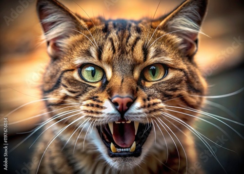 Angry cat's bared fangs, a sharp close-up from a drone's unique perspective. Pet photography at its most intense. photo