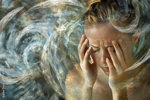 Artistic depiction of chronic fatigue in women, showing a tired woman with dark circles, slumped posture, and swirling abstract shapes symbolizing exhaustion and overwhelm.