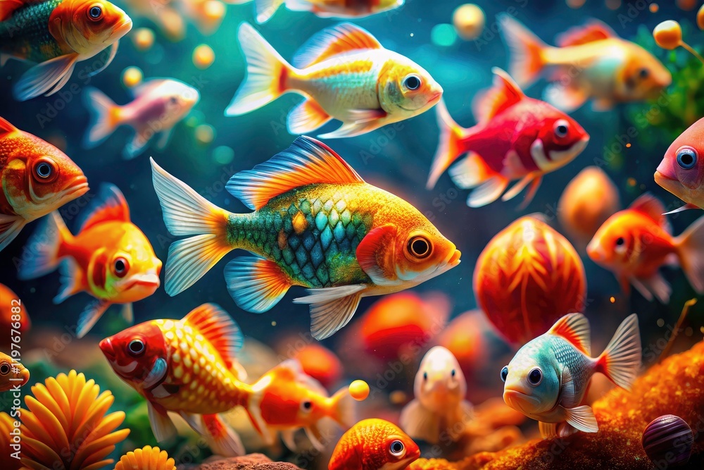 Fototapeta premium A tilt-shift lens reveals a vibrant orange fish, striped and small.