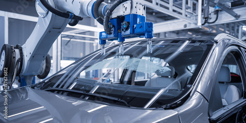 Robotic Arm Installing Car Windshield. A high-tech robotic arm meticulously installs a car window on a vehicle frame in a modern automotive manufacturing facility. photo