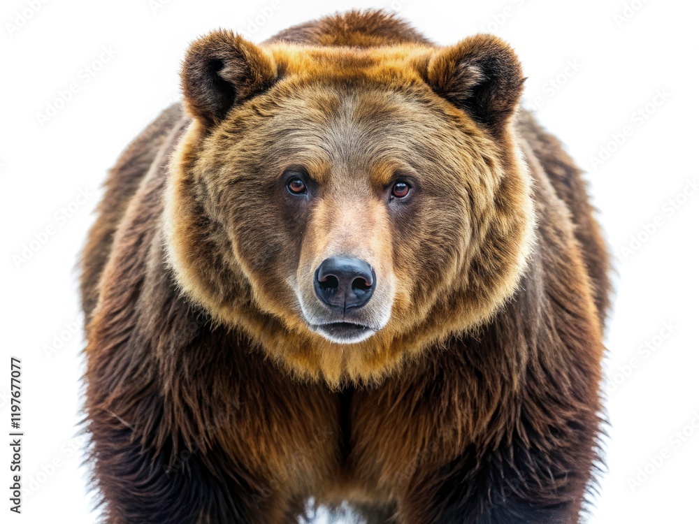 A walking grizzly, Ursus arctos, sharply focused against a pure white background; a wildlife masterpiece.
