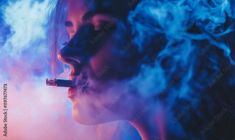 Fototapeta premium Woman's face, vaporizer, colorful smoke, side profile.