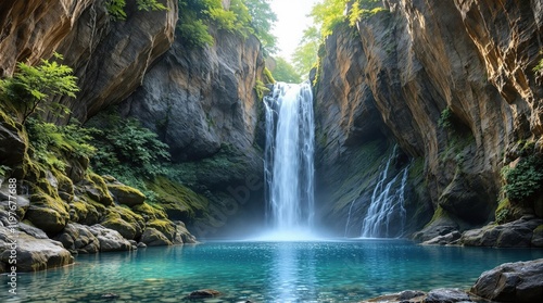 breathtaking waterfall surrounded by lush green foliage in a tranquil forest setting, ideal for travel, adventure, and nature enthusiasts