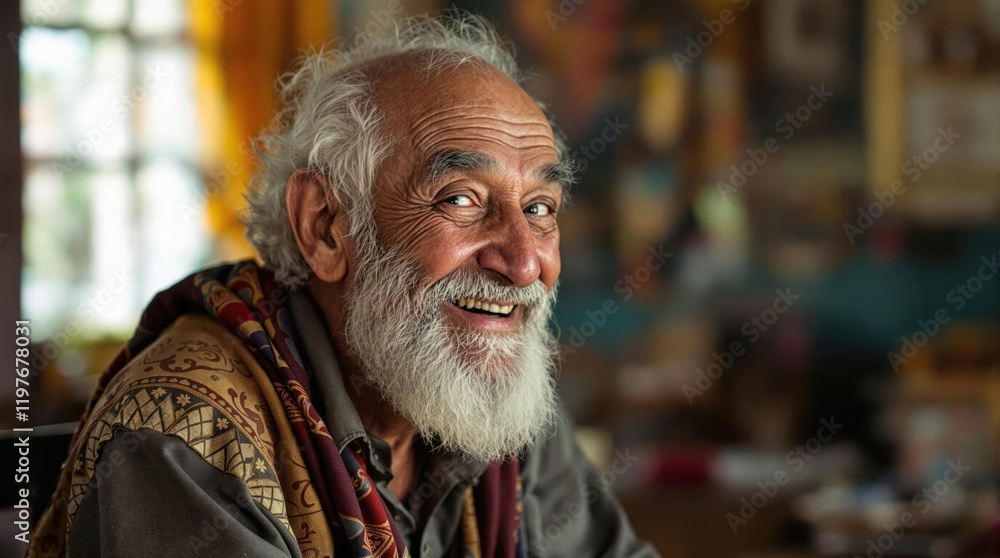 Elderly Man Smiling Warmly in a Cozy, Vibrant Indoor Setting Elderly Man Smiling Warmly in a Cozy, Vibrant Indoor Setting