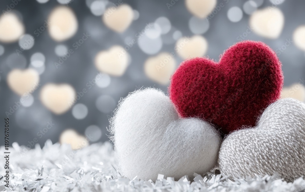 Fototapeta premium Two vibrant hearts rest on a cozy blend of white and red wool, symbolizing warmth and love this Valentine's Day.