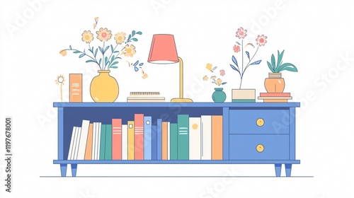 Vintage degraded line interior decor with books, flower vase, and lamp