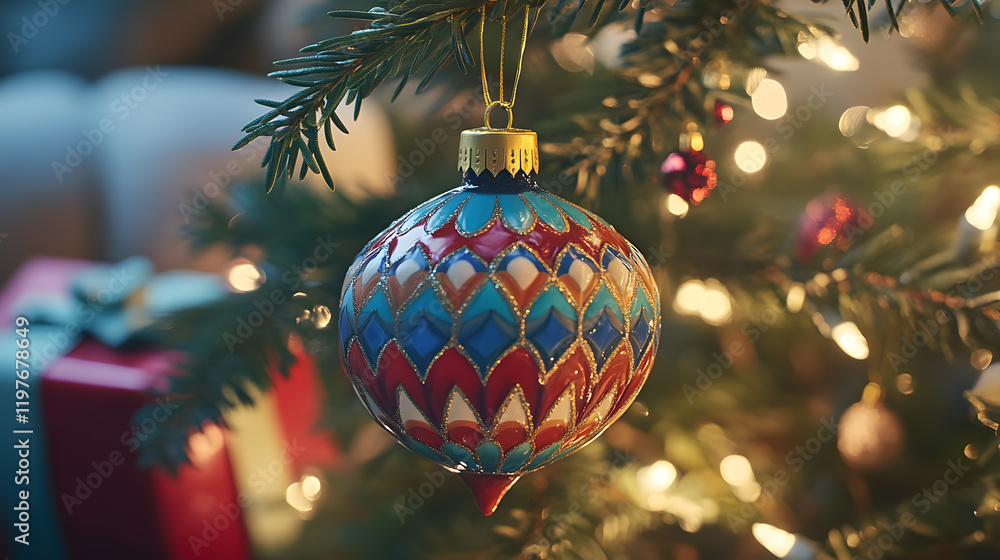 Obraz premium A vibrant, ornate Christmas ornament hangs on a decorated tree, glowing softly against a blurred background of presents and warm lights. The intricate design features shades of blue, red, and gold.