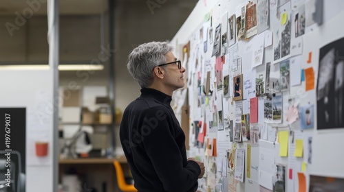 A product designer thoughtfully reviewing user feedback, their workspace adorned with a mixed-media board displaying images and notes.