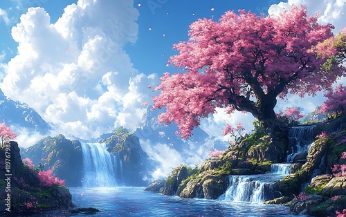 Pink Blossom Tree and Cascading River Cliffs