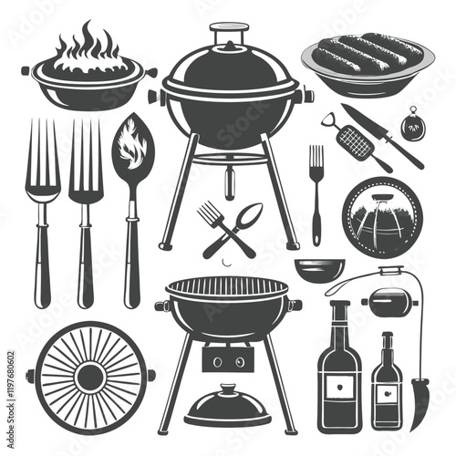 Barbeque grill icon bundle fire Bargar Fastfood bbq barbecue meat sausage fork party icon set
 photo