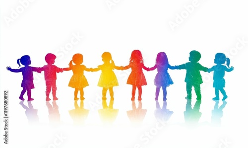 Rainbow children holding hands, joyful unity.