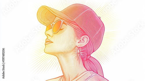 Trendy woman with cap and earrings in line art style on degrading background