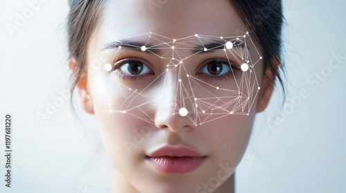 Woman's face subtly overlaid with glowing geometric network. AI Generated photo