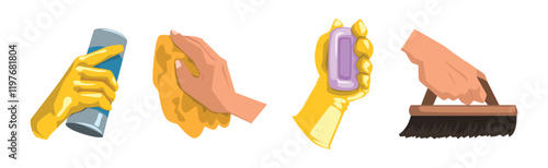 Hand with Cleaning Tool Do Domestic Chore Vector Set
