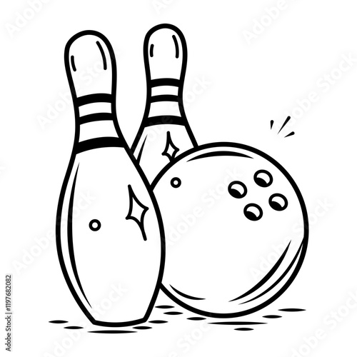 Bowling pins and ball icon in doodle style