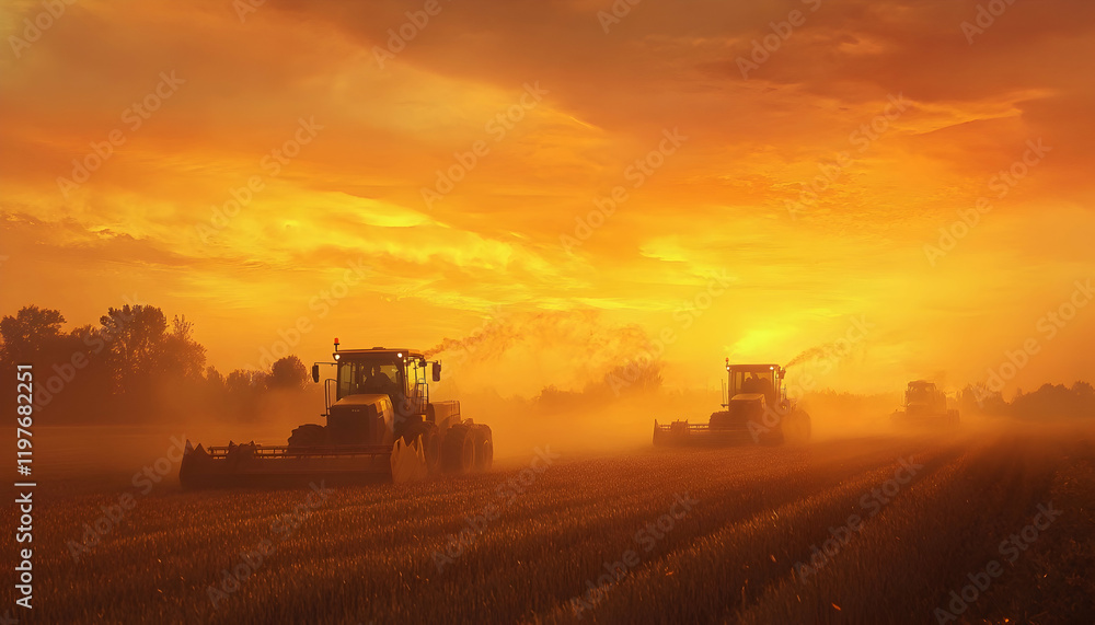 Fototapeta premium Harvest machines working during golden hour, capturing the essence of farming and agriculture -