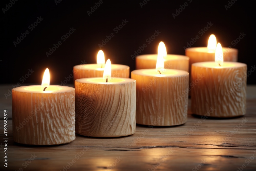 A close-up view of several lit candles set on a wooden surface, with the candlelight casting gentle reflections and shadows across the textured wood. A close-up view of several lit candles set on a wooden surface, with the candlelight casting gentle reflections and shadows across the textured wood.