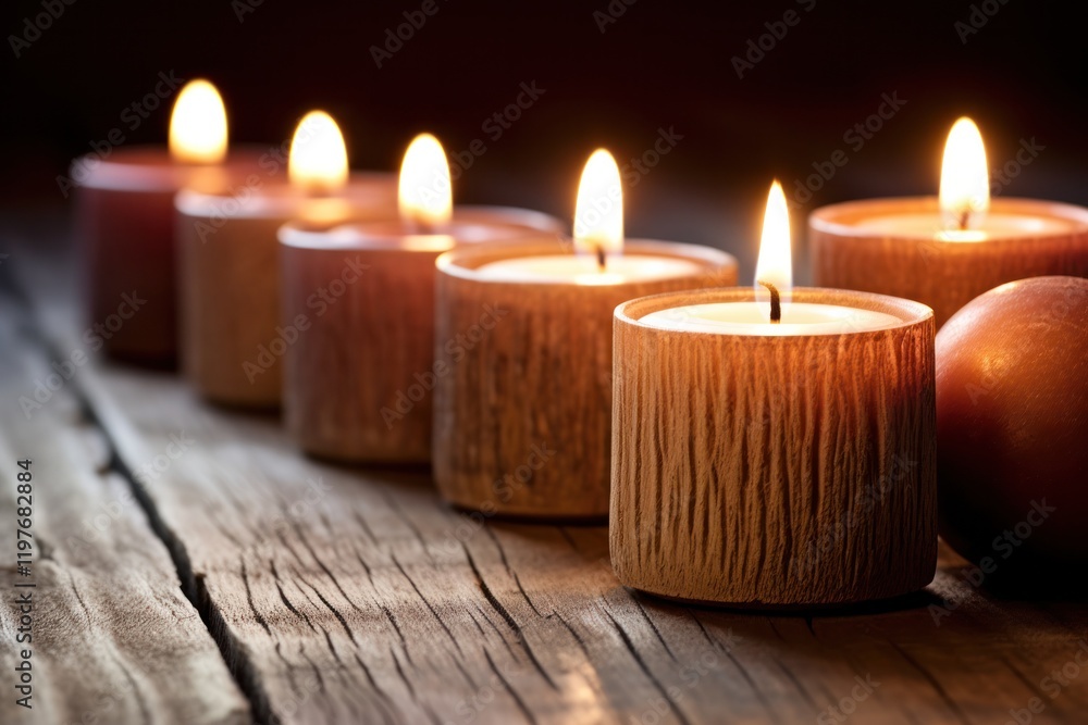 A close-up view of several lit candles set on a wooden surface, with the candlelight casting gentle reflections and shadows across the textured wood. A close-up view of several lit candles set on a wooden surface, with the candlelight casting gentle reflections and shadows across the textured wood.