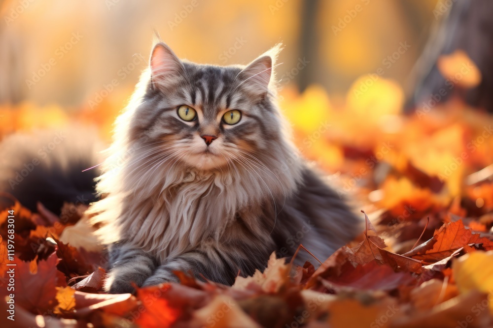 A content gray cat sitting calmly amidst a blanket of colorful autumn leaves in a sunlit meadow A content gray cat sitting calmly amidst a blanket of colorful autumn leaves in a sunlit meadow