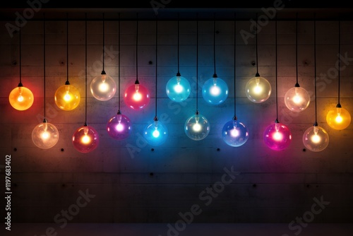 A pattern of glowing colorful orbs positioned on a wall creating an artistic memory display