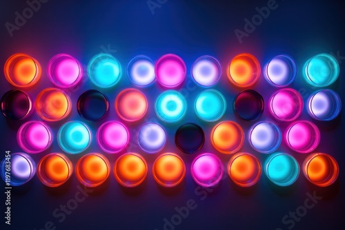 A pattern of glowing colorful orbs positioned on a wall creating an artistic memory display