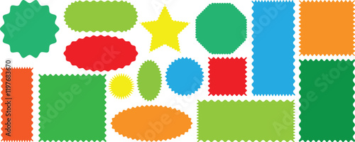 Rectangle, square and oval shape frame with zigzag edge. Color squiggle frames set. Set of Zigzag and colorful Shape. Zig Zag Shapes for Stickers, banners. Colorful zigzag shapes