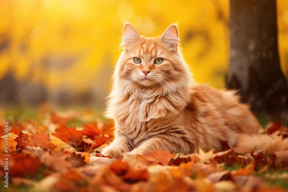 Fototapeta premium A serene scene of a fluffy orange tabby cat lounging in a field of golden autumn leaves, with a few fallen leaves scattered around it