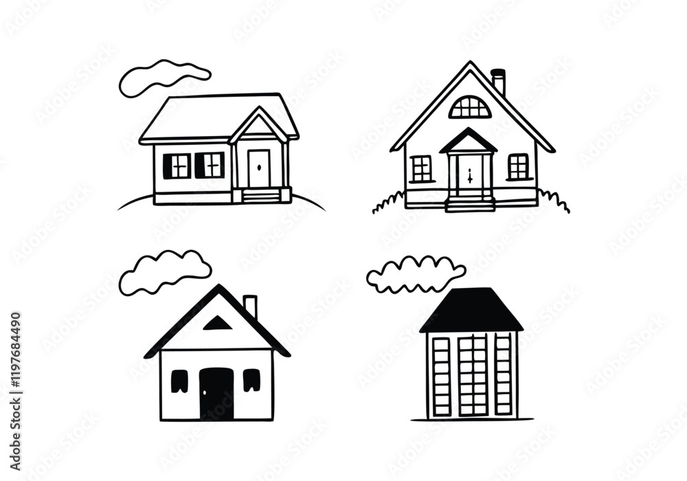 Fototapeta premium Minimalist House Line Art Collection | Hand-Drawn Vector Illustrations