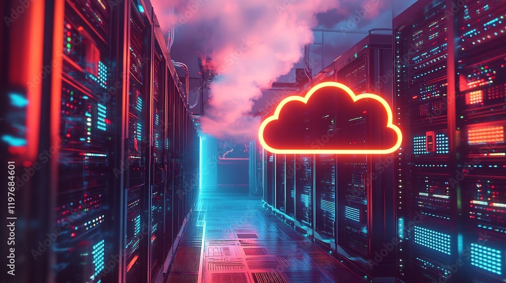 Neon cloud glows above vibrant server racks dynamically lit. AI Generated Neon cloud glows above vibrant server racks dynamically lit. AI Generated