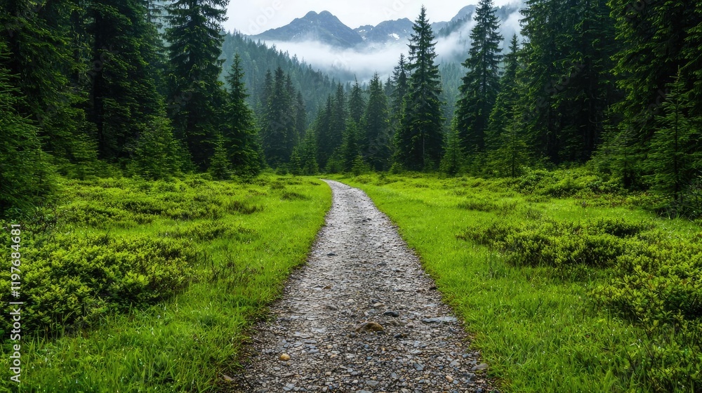 Fototapeta premium Misty mountain path, green forest, nature trail, tranquil scene, travel backdrop