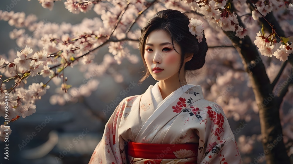 A woman in a kimono stands beneath cherry blossoms. A woman in a kimono stands beneath cherry blossoms.