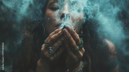 Woman's hands hold smoldering herb, releasing smoke.