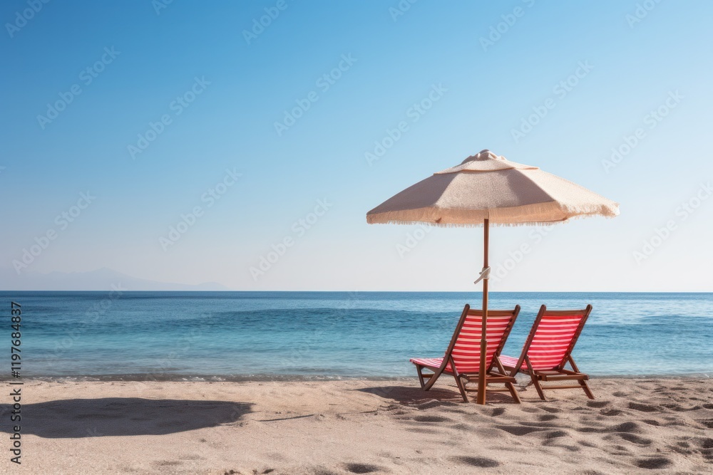 Beach umbrella and lounge chair positioned near the serene waters of the Red Sea in Egypt with gentle waves in the distance Beach umbrella and lounge chair positioned near the serene waters of the Red Sea in Egypt with gentle waves in the distance