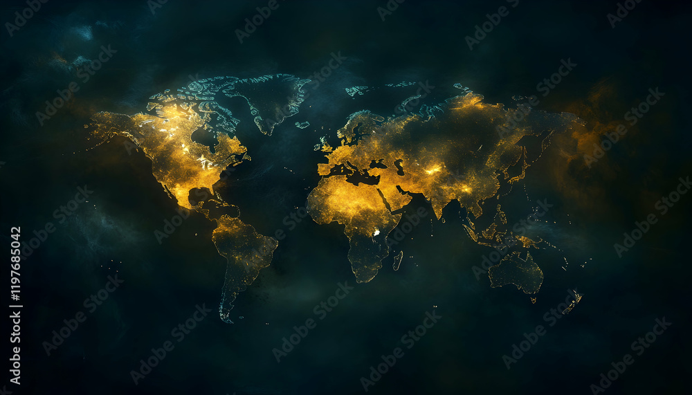 Obraz premium Illuminated world map with ethereal smoke effects, blending digital and abstract elements -
