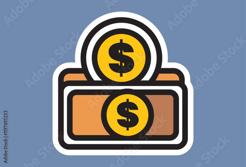 Vector cartoon sticker wallet illustration filled with coins and gold dollar bills, symbolizing prosperity, abundance and financial growth.