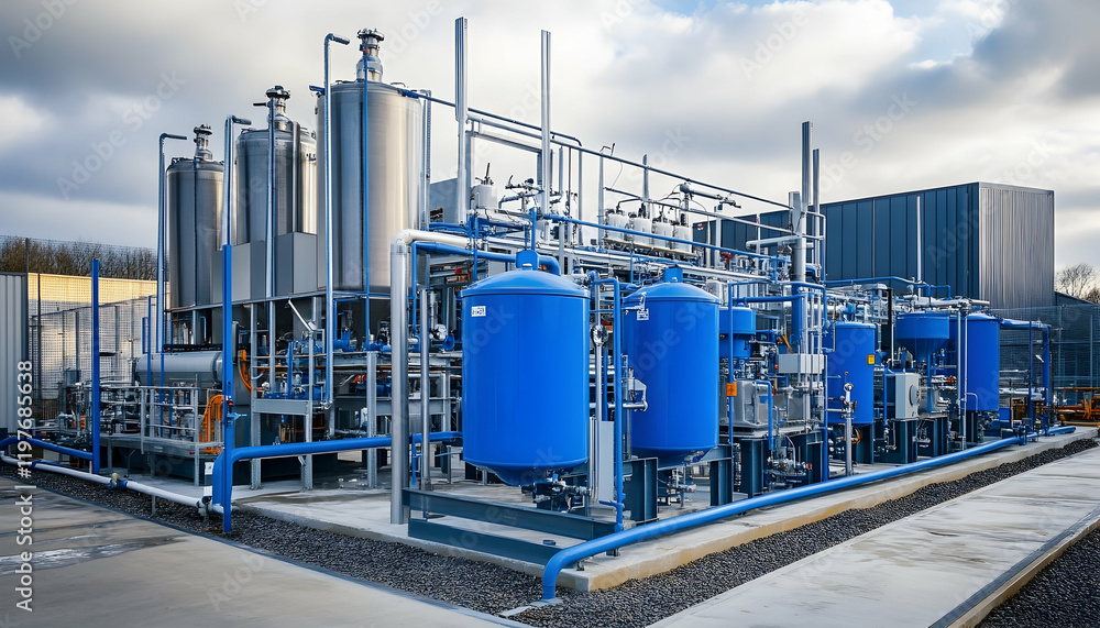 Obraz premium Industrial water treatment plant showcasing clean water filtration against a cloudy backdrop -