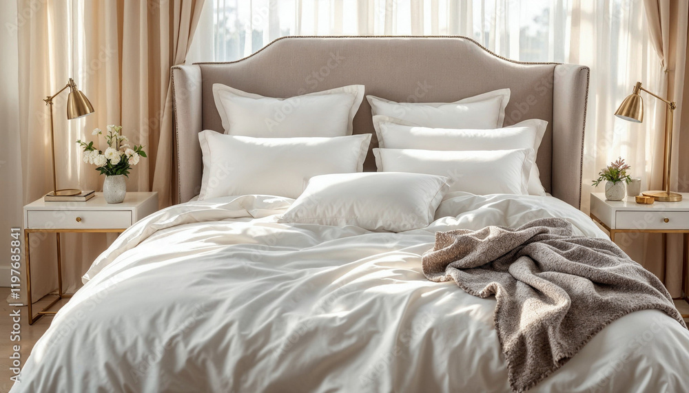 Elegant bed setup with white bedding, sunlight, and refined decor for a premium ambiance.
Elegant bed setup with white bedding, sunlight, and refined decor for a premium ambiance.