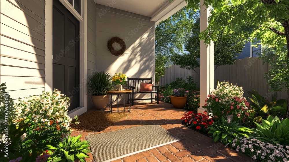 Fototapeta premium Simple front porch with doormat, small table and two chairs, surrounded by potted plants. generative ai