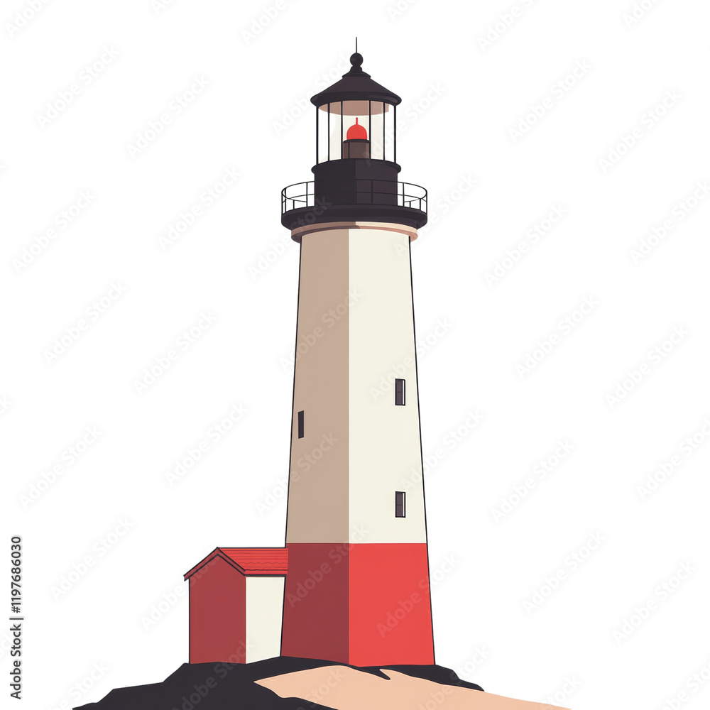 A stylized illustration depicts a tall lighthouse with a smaller attached building situated on a rocky outcrop. A stylized illustration depicts a tall lighthouse with a smaller attached building situated on a rocky outcrop.