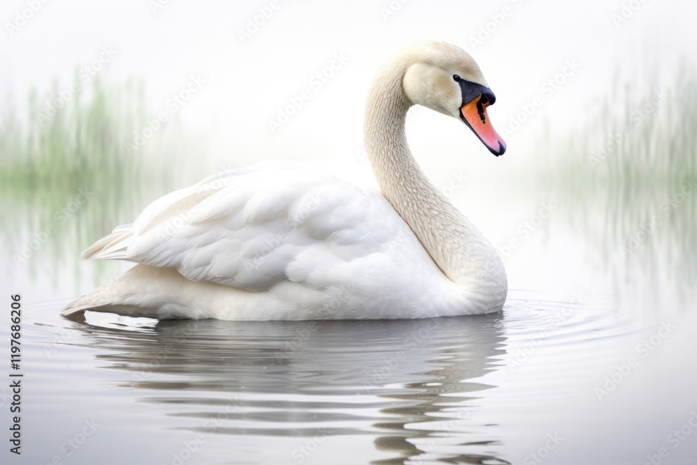 Elegant wild swan grooming its feathers while floating on a serene pond isolated on white background Elegant wild swan grooming its feathers while floating on a serene pond isolated on white background
