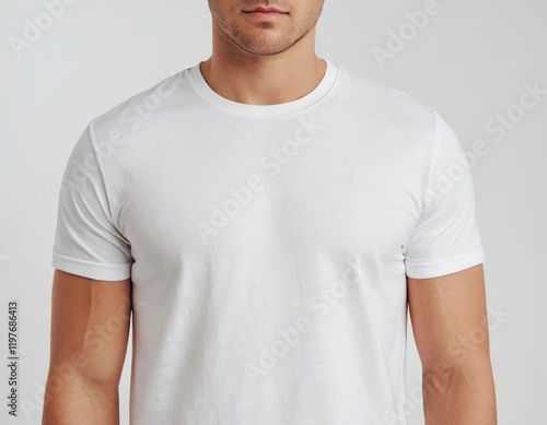 Close-up of a male model showcasing a plain white t-shirt against a minimalist backdrop.