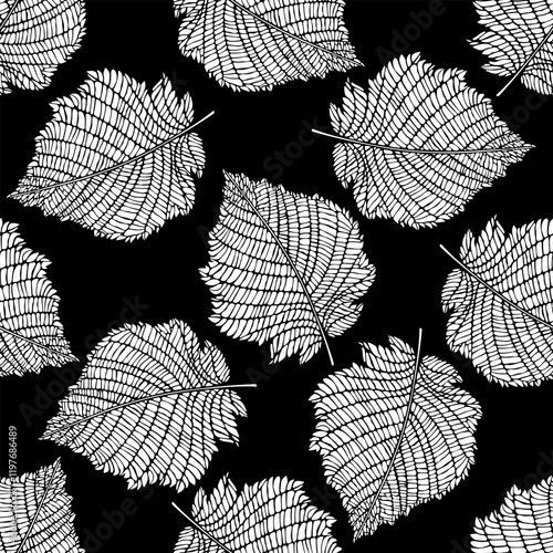Stylish black and white vector pattern with hand drawn leaves. White silhouettes on black. Perfect for design templates, wallpaper, wrapping, fabric, print and textile. 