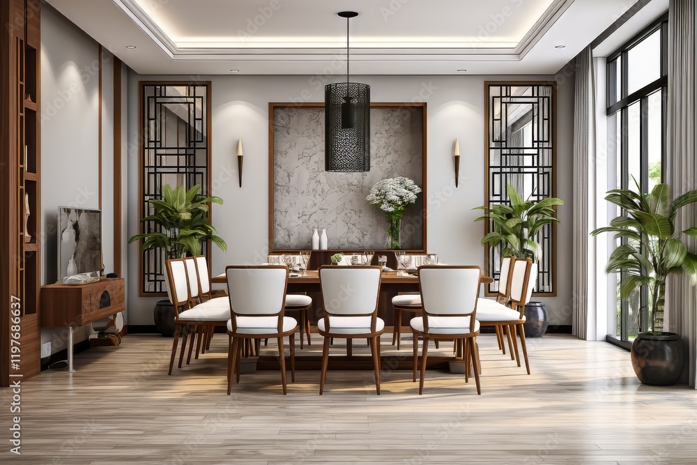 Fototapeta premium Elegant dining room with modern decor and ample natural light