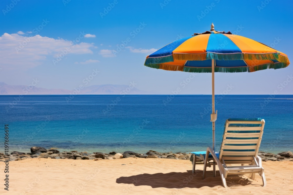 Relaxing beach scene in Egypt featuring a colorful umbrella and beach gear under the warm midday sun Relaxing beach scene in Egypt featuring a colorful umbrella and beach gear under the warm midday sun